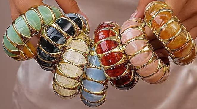 Candy Glass Resin & Gold Caged Rib Bangle detail view