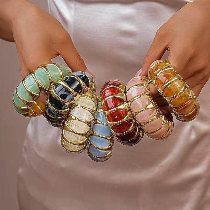 Candy Glass Resin & Gold Caged Rib Bangle