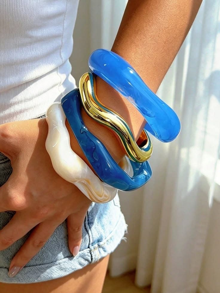 Sculptural Liquid Wave 4-Bangle Set