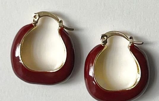 Cherry Burgundy Enamel Huggie Hoops detail view