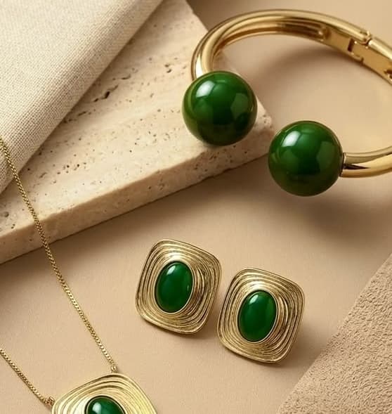 Emerald Malachite Concentric Gold Trio Set detail view