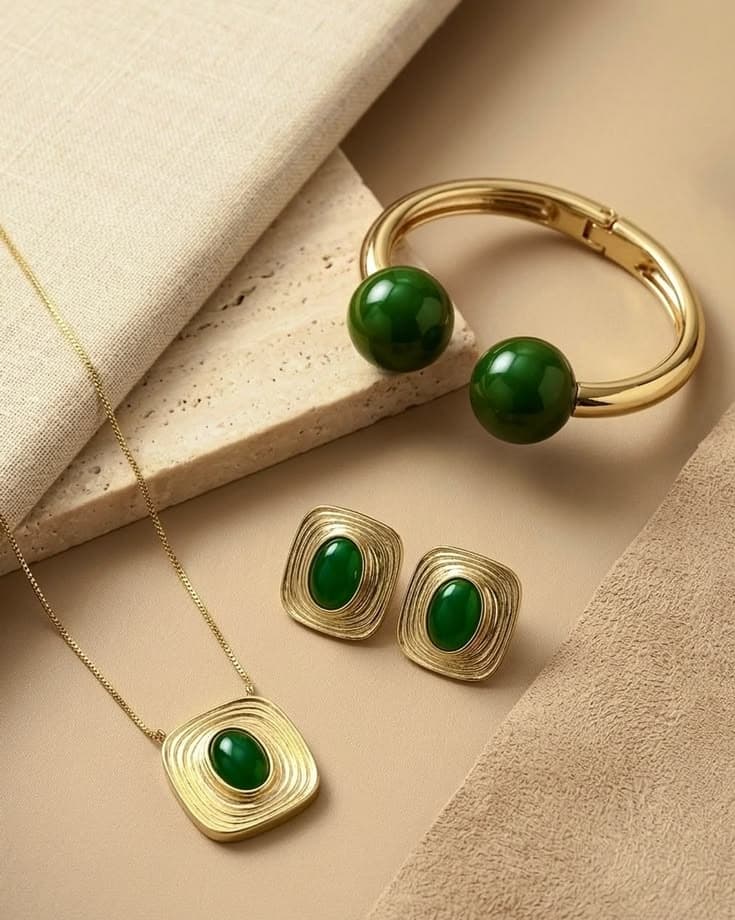 Emerald Malachite Concentric Gold Trio Set